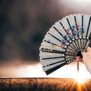 Vintage Asian Hand Fan Black Sheer Fabric Embroidery Peacock Lucite APPRX 16.5”